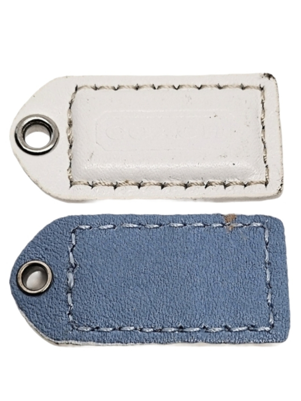 🩵 Vintage 2" Coach White Blue Leather Hangtag Bag Fob Purse Charm Keychain Y2K